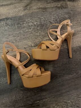 Rayinie Esther Stiletto Pageant Heel - Tan Platform Pageant Heel *WORN TWICE*